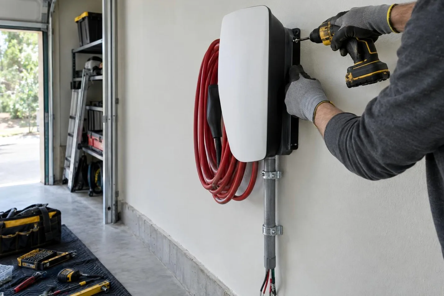 Electrician in gloves mounting a Tesla Wall Connector on a garage wall, with the conduit running down to the floor